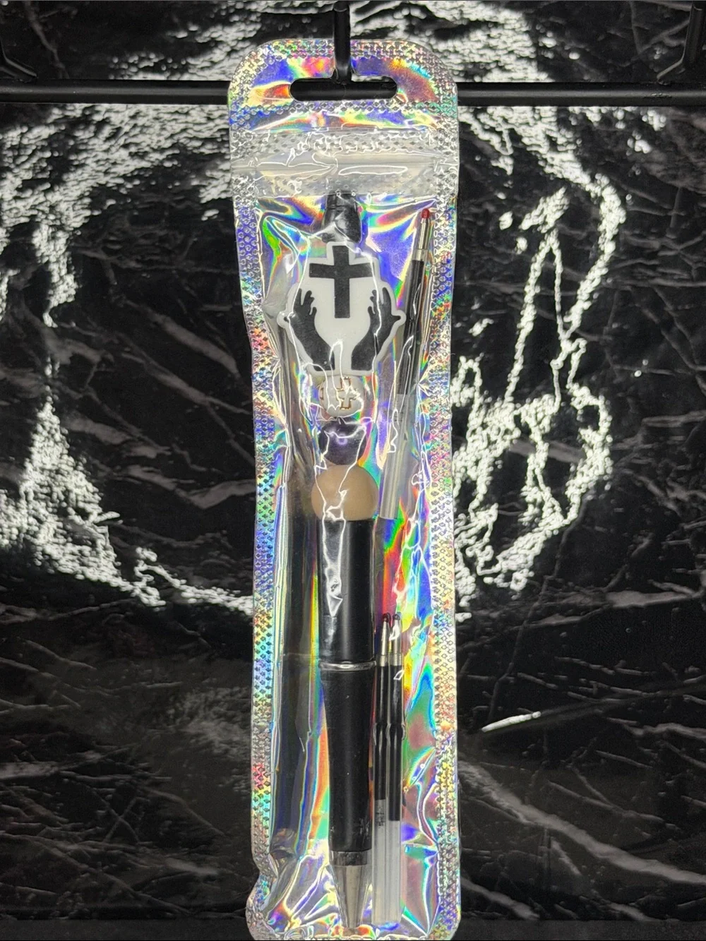 Black Cross Focal Bead Pen  Black and Blue Ink